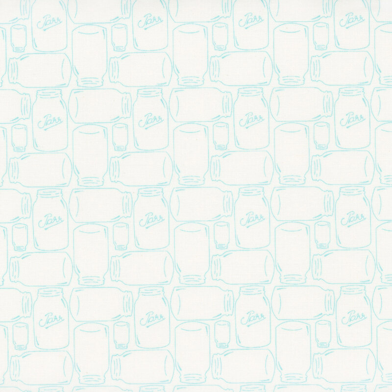 White fabric with organized rows of outlined canning jars in a light aqua color.