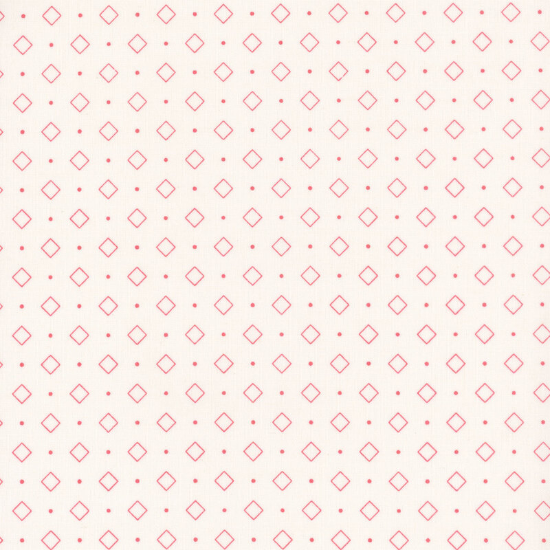 White fabric with alternating rows of coral pink polka dots and outlined diamonds.
