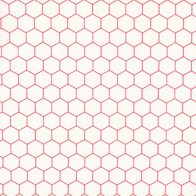 White fabric with a thin red tiled honeycomb design.