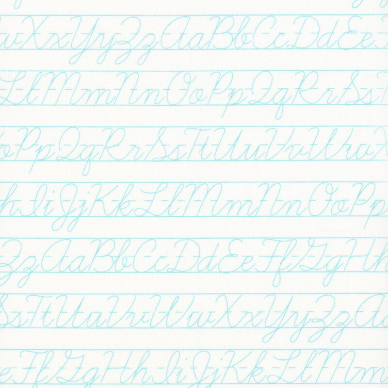 White fabric with cyan rows of cursive alphabet penmanship practice sheets.