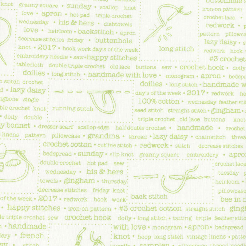 White fabric with cross stitch diagrams and associated words in a light green typewriter font.