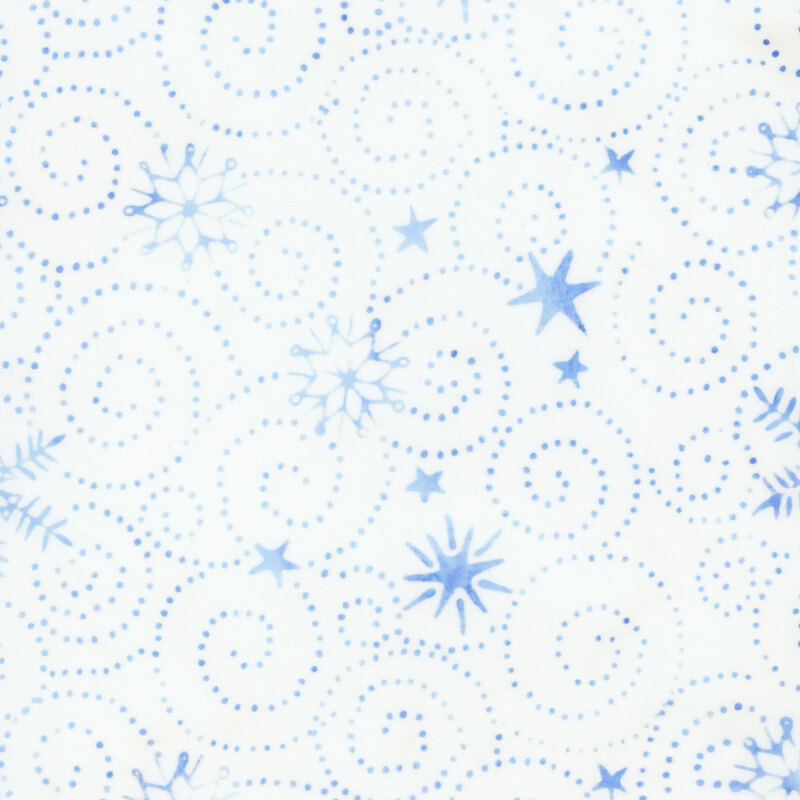 White batik fabric with light blue stars, snowflakes, and dotted swirl accents