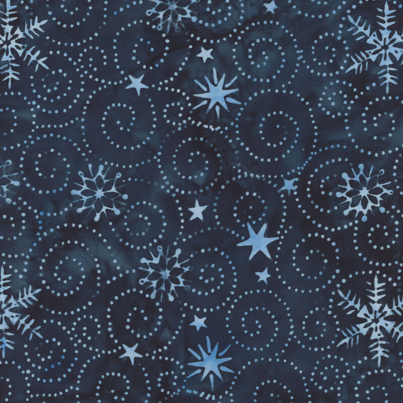 Dark blue mottled batik with silhouettes of mottled light blue stars, snowflakes, and dotted swirls throughout