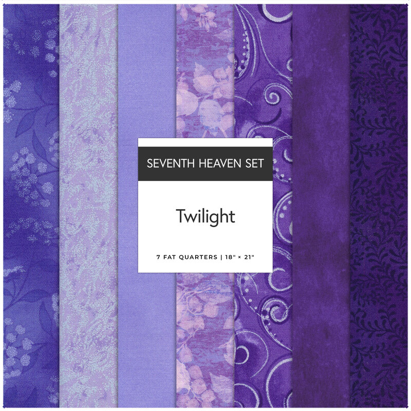 A collage of 7 purple fabrics in the Twilight seventh heaven set