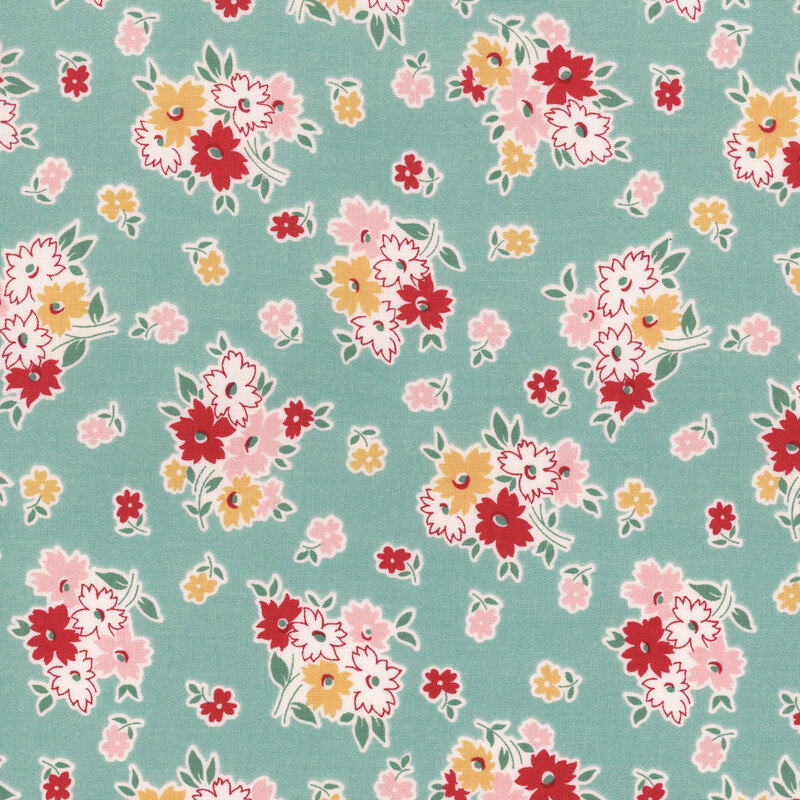 Aqua fabric featuring clusters of red, pink, white, and yellow flowers