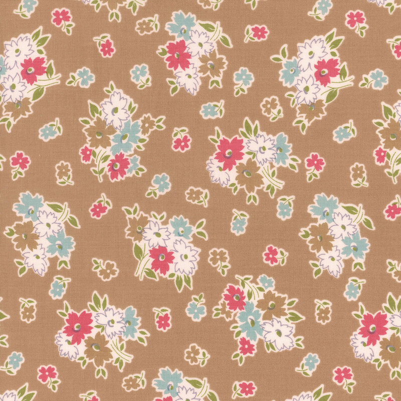 Brown fabric featuring clusters of blue, pink, white, and brown flowers