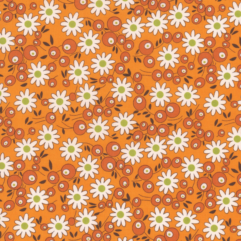 Orange fabric featuring scattered white flowers and dark orange berries