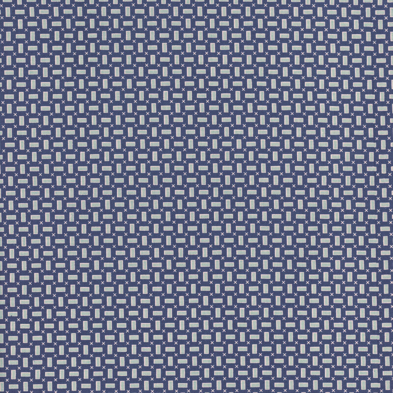 Dark blue fabric featuring a aqua and white geometric rectangle design interspersed with x's