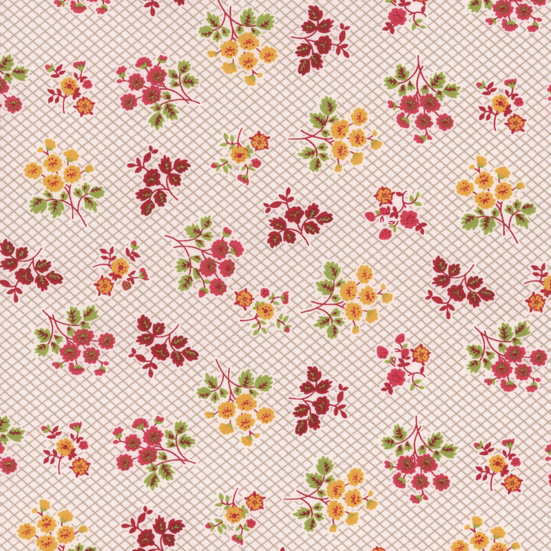 Fabric featuring clusters of yellow and red flowers on a gray lattice background