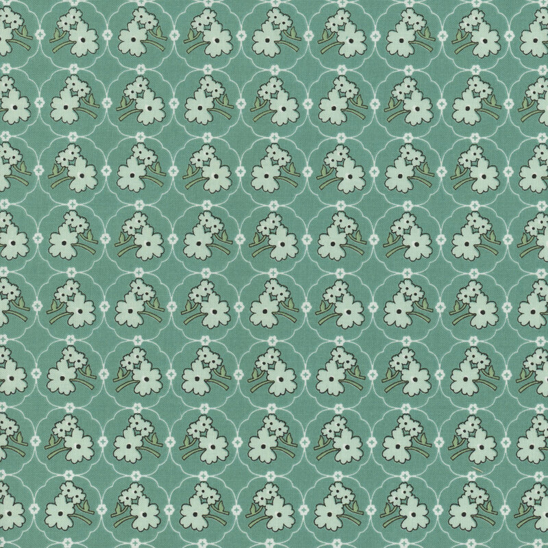 Teal fabric featuring a light teal floral medallion design