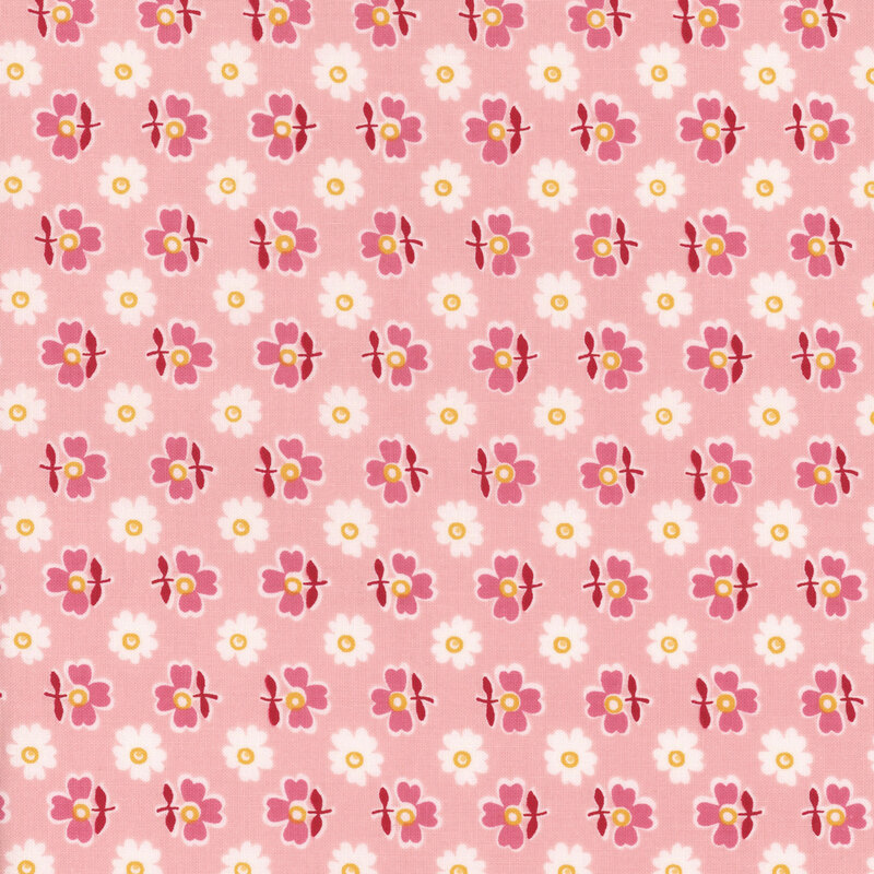 Pink fabric featuring a pattern of white and dark pink flowers