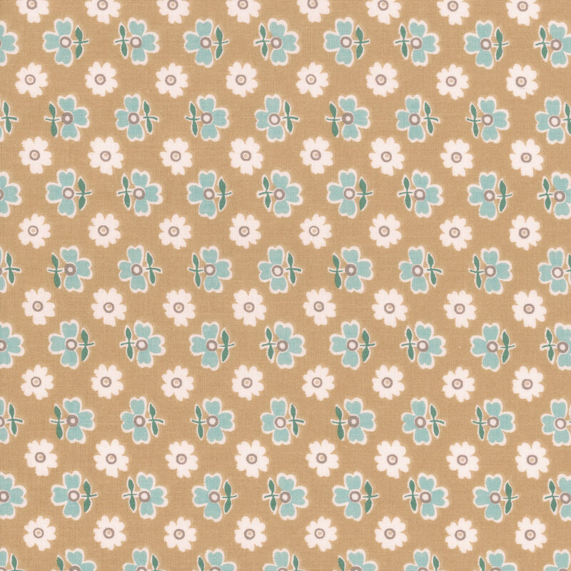 Light brown fabric featuring a pattern of white and blue flowers