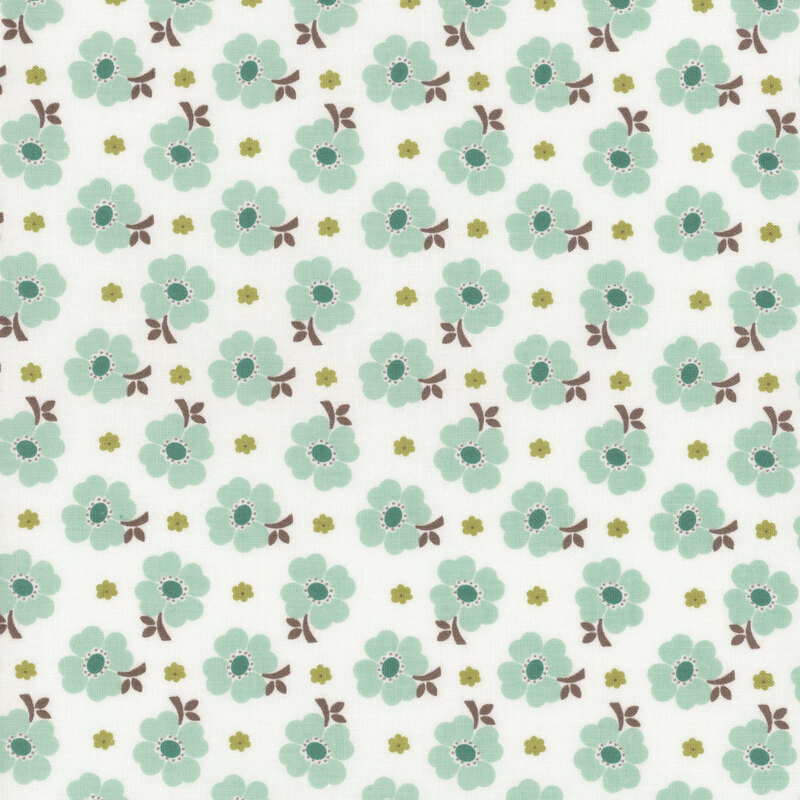 white fabric featuring aqua florals and smaller green florals