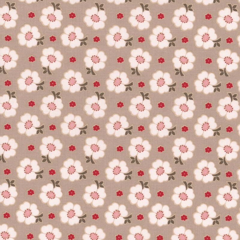 Gray fabric featuring white florals and smaller red florals