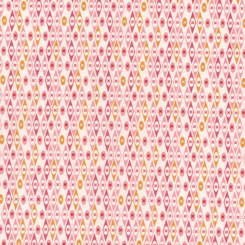 White fabric featuring a geometric diamond design in pink and orange