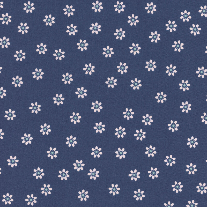 Dark blue fabric featuring scattered white florals