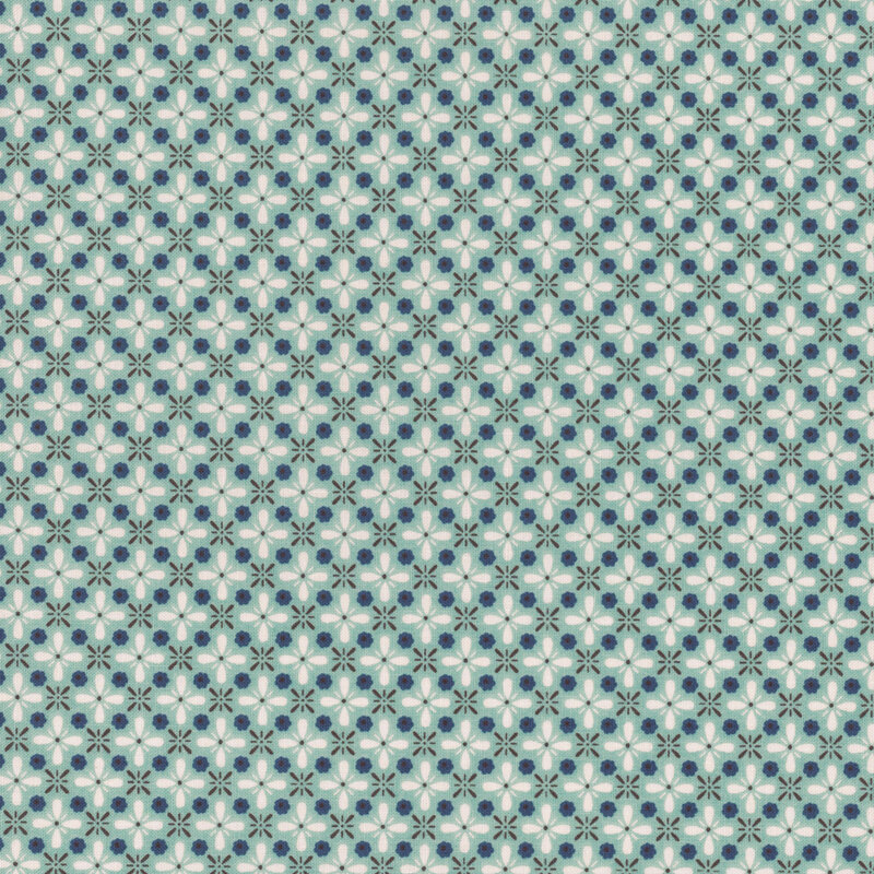 Aqua geometric fabric featuring a lattice design of florals
