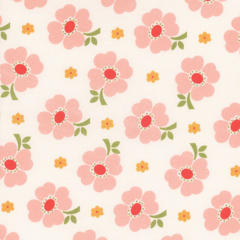 White fabric with large pink florals and smaller orange florals