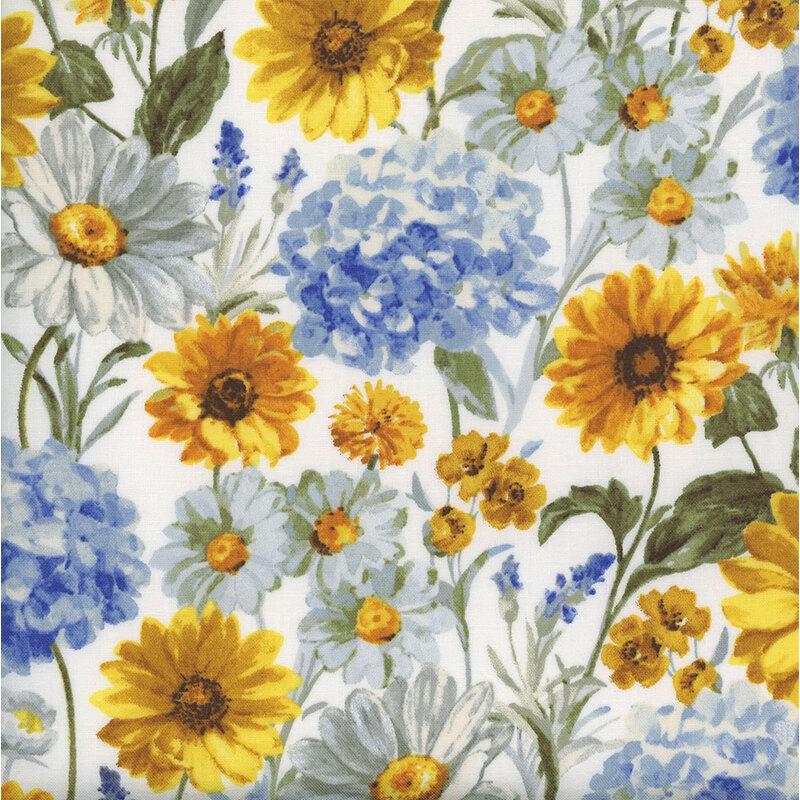 A colorful floral pattern featuring yellow sunflowers, white daisies, and blue hydrangeas against a white background.