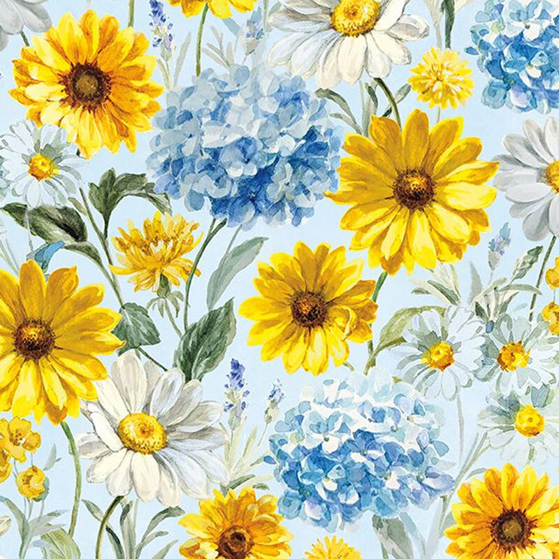 Light baby blue fabric with large yellow and white daisies and blue hydrangeas