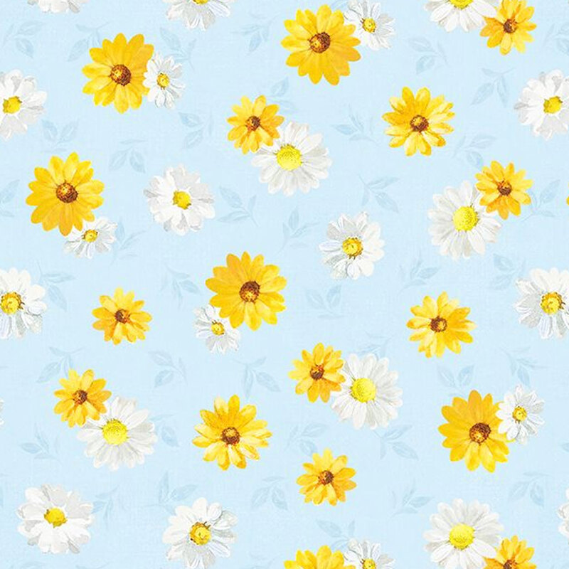 Baby blue fabric with yellow and white daisies scattered throughout