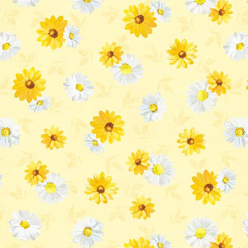Pastel yellow fabric with white and yellow daisies scattered throughout