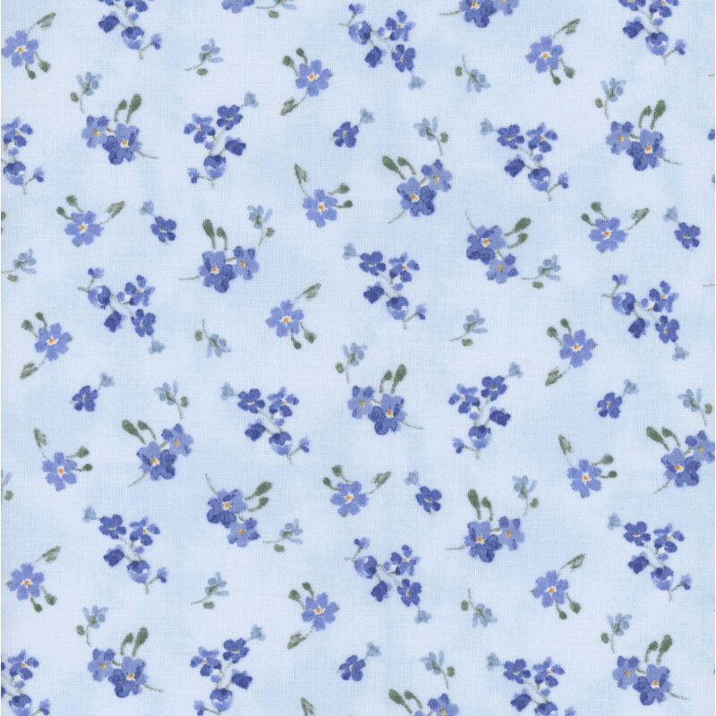 Light blue fabrics with tossed blue floral bouquets in a ditsy pattern