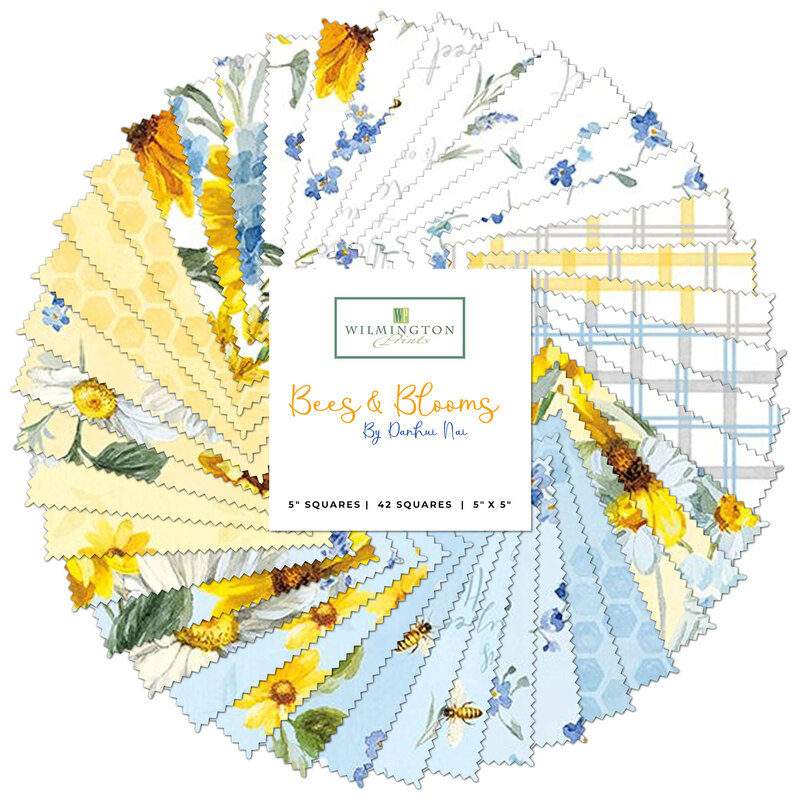 A circular collage of blue, yellow, and white springtime fabrics with a Wilmington Prints Bees & Blooms logo in the center
