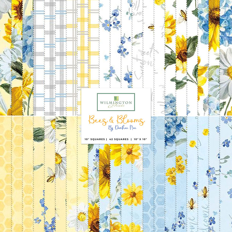 A stacked collage of blue, yellow, and white springtime fabrics with a Wilmington Prints Bees & Blooms logo in the center
