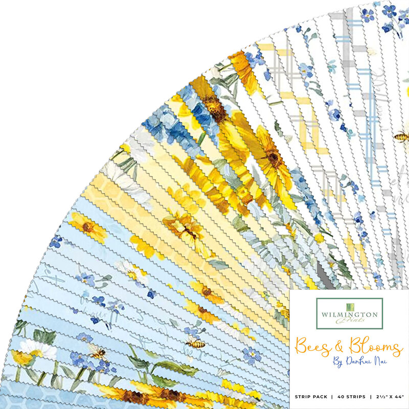 A fanned collage of blue, yellow, and white springtime fabrics with a Wilmington Prints Bees & Blooms logo in the center