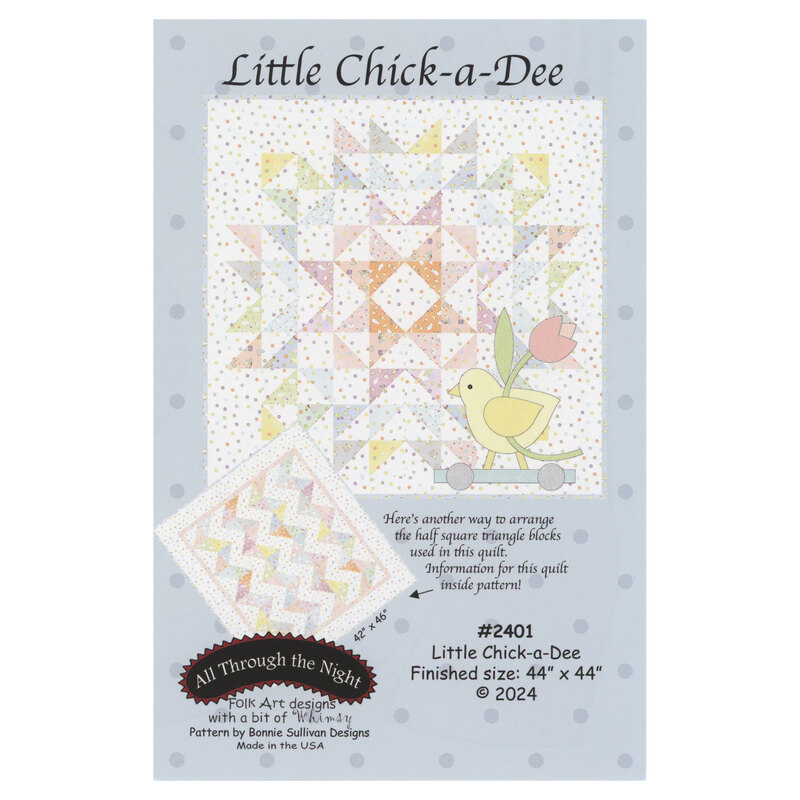 Front of the Little Chick-a-Dee quilt pattern featuring a pastel pieced star using charm squares by Bonnie Sullivan.