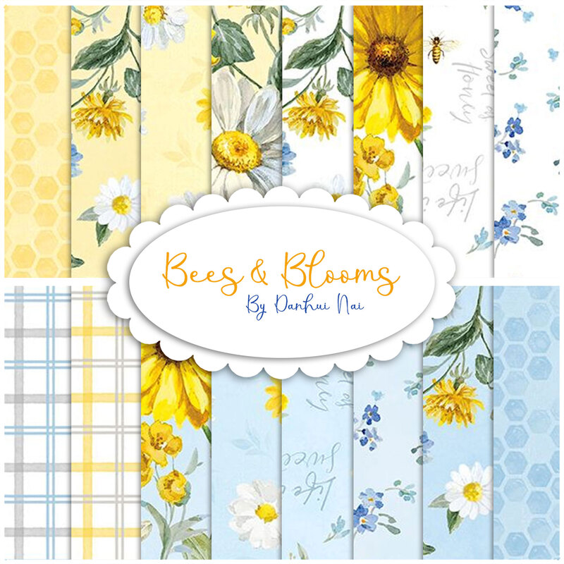 A stacked collage of blue, white, and yellow fabrics with floral summertime motifs
