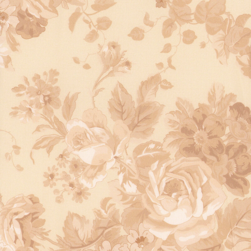 Cream fabric featuring tonal roses, leaves and florals
