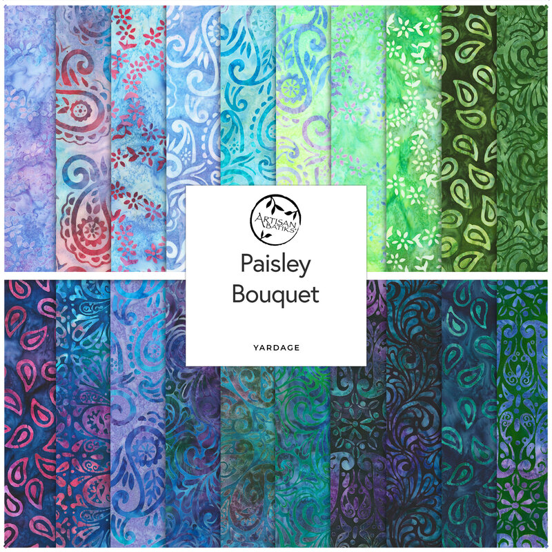 A collection of colorful fabric swatches featuring a paisley design in various shades of blue, green, purple, and pink. The title Artisan Batiks Paisley Bouquet is prominently displayed in a decorative white label at the center.