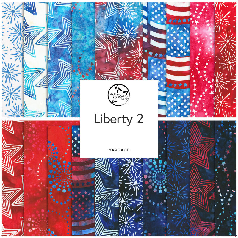 Collage of red, white, and blue batiks with a white Liberty 2 tag in the center