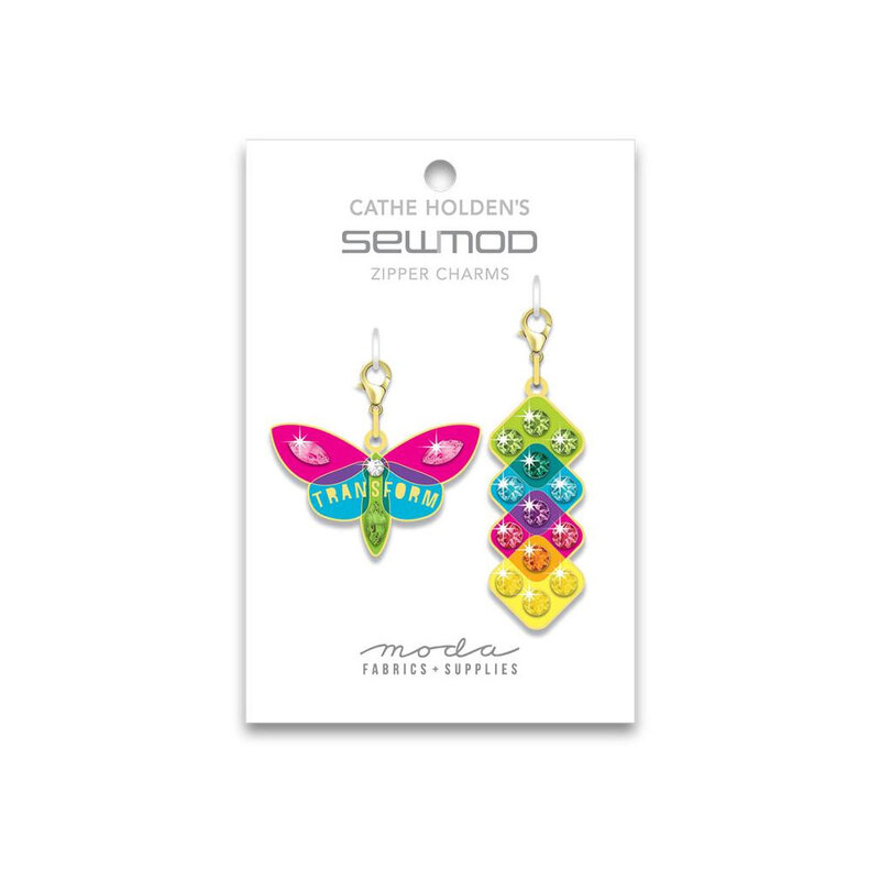 A white tag with a colorful butterfly and cascading diamonds