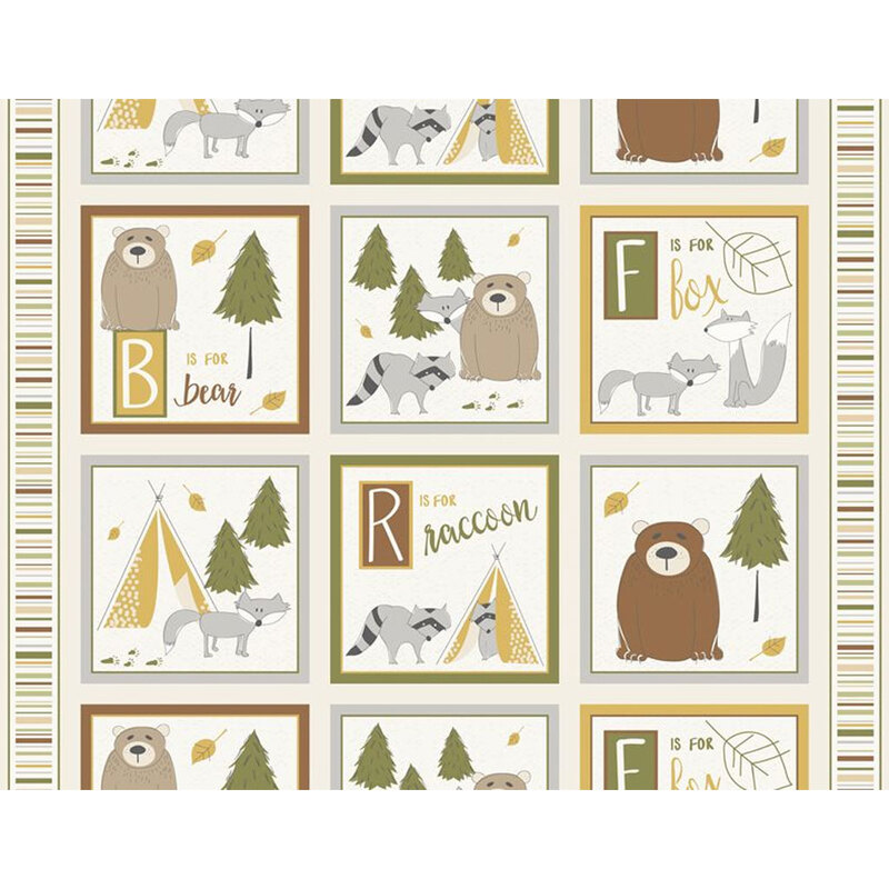 An off white fabric panel with blocks each featuring a fun, illustrated woodland scene with bears, wolves, raccoons, and phrases