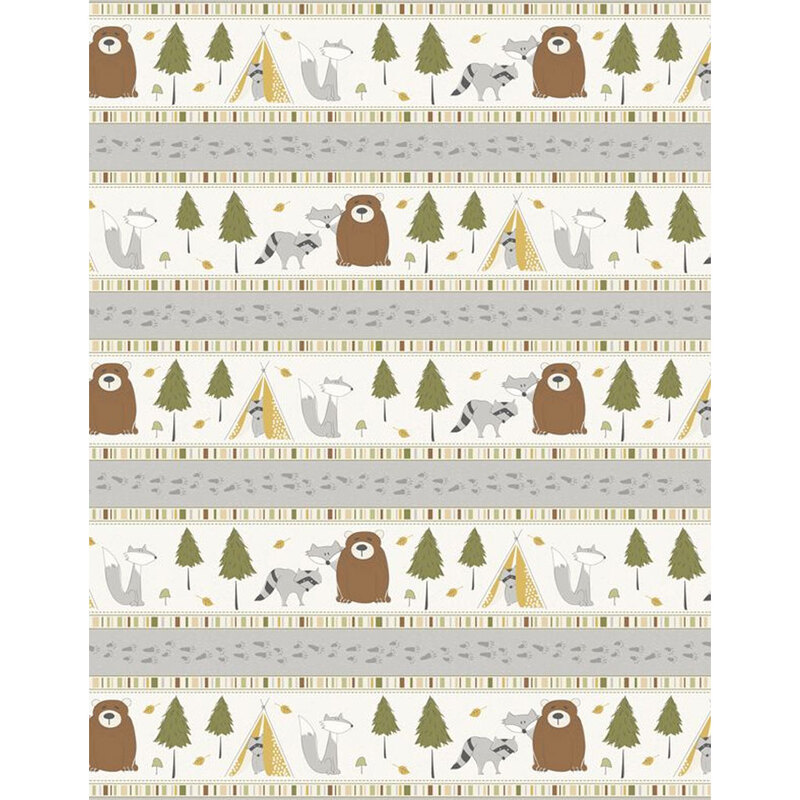 An off white border stripe fabric with rows of illustrated woodland animals, and animal footprints