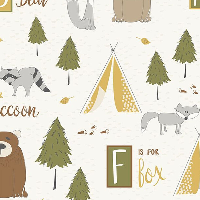 Off white fabric with pine trees, bears, racoons, wolves, tents, and fun phrases throughout