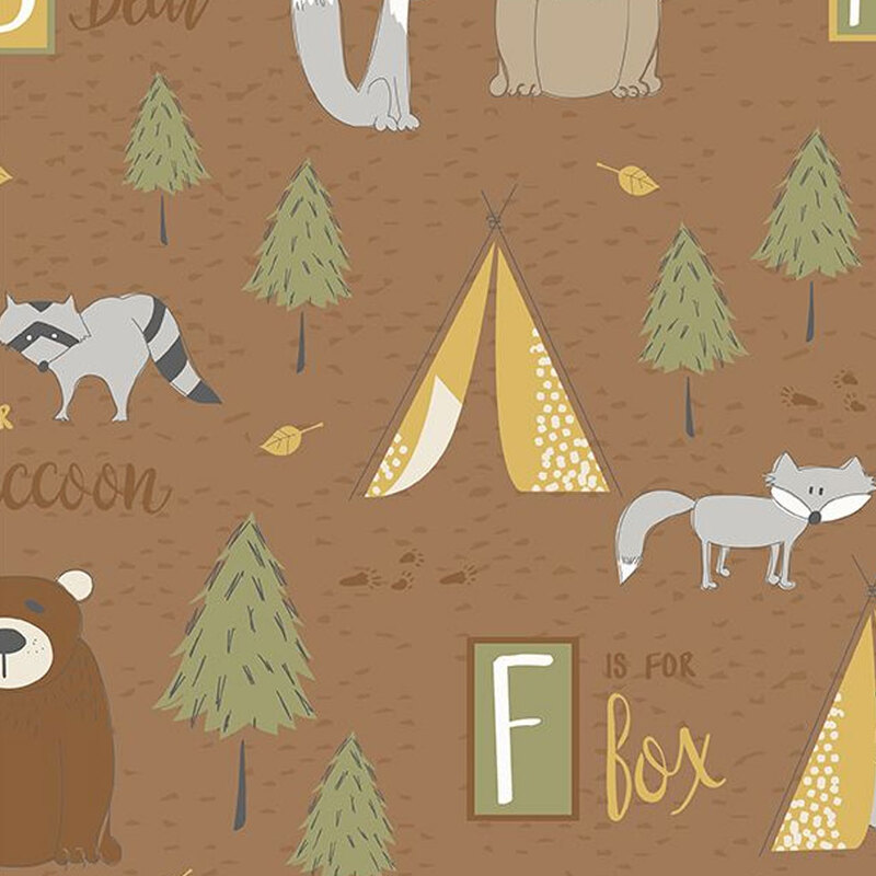 Brown fabric with pine trees, tents, wolves, bears, racoons, and fun phrases throughout