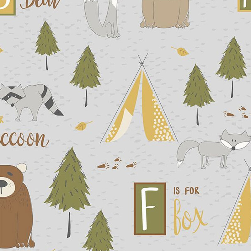 Gray fabric with tents, pine trees, wolves, tents, bears, and fun phrases throughout