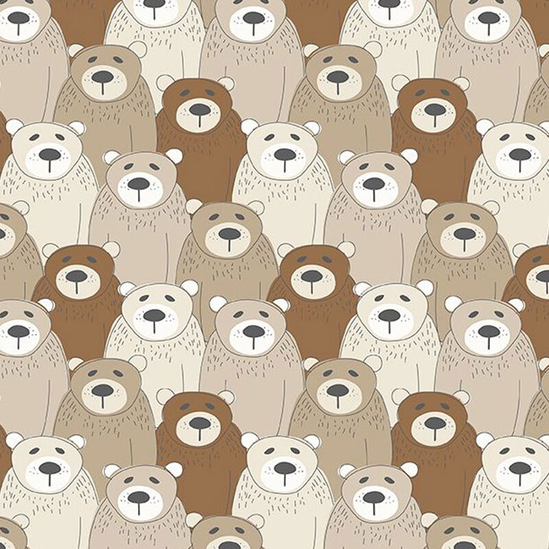 Fabric with packed brown, tan, and cream bears 