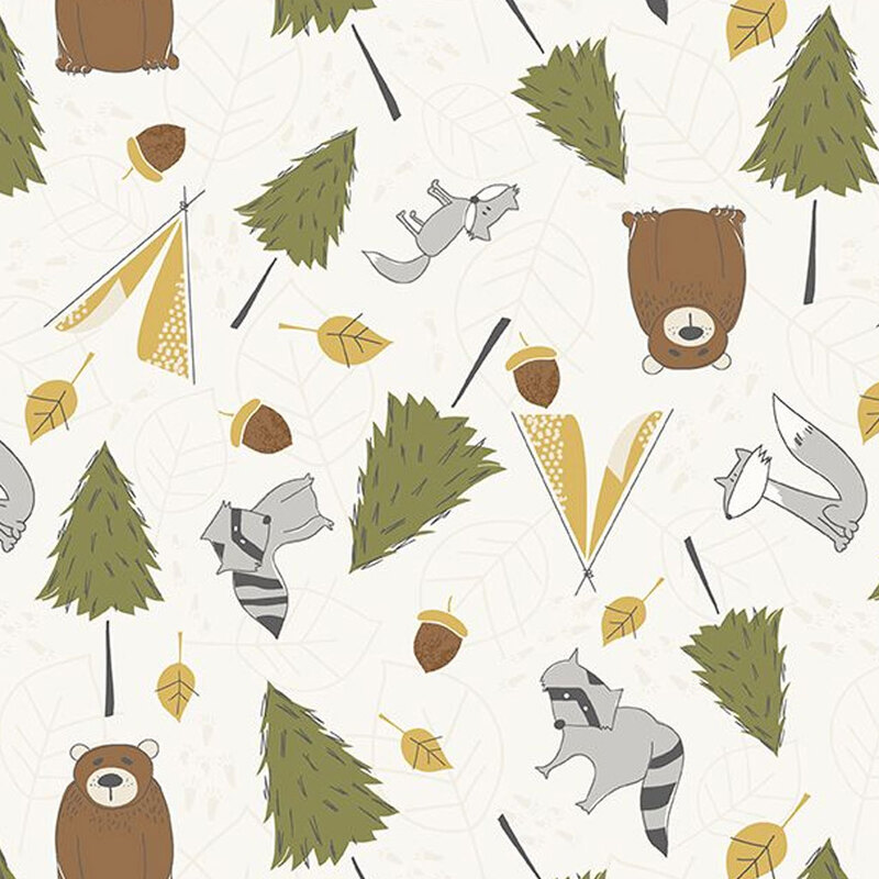 Off white fabric with scattered bears, racoons, wolves, pine trees, and tents throughout