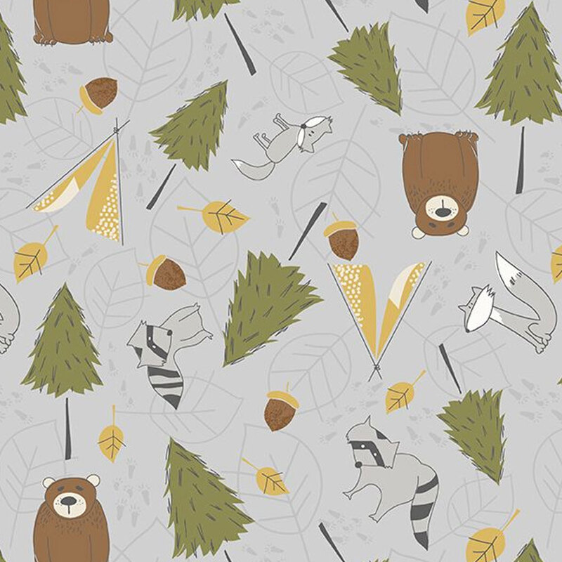 Gray fabric with scattered bears, racoons, wolves, pine trees, and tents throughout