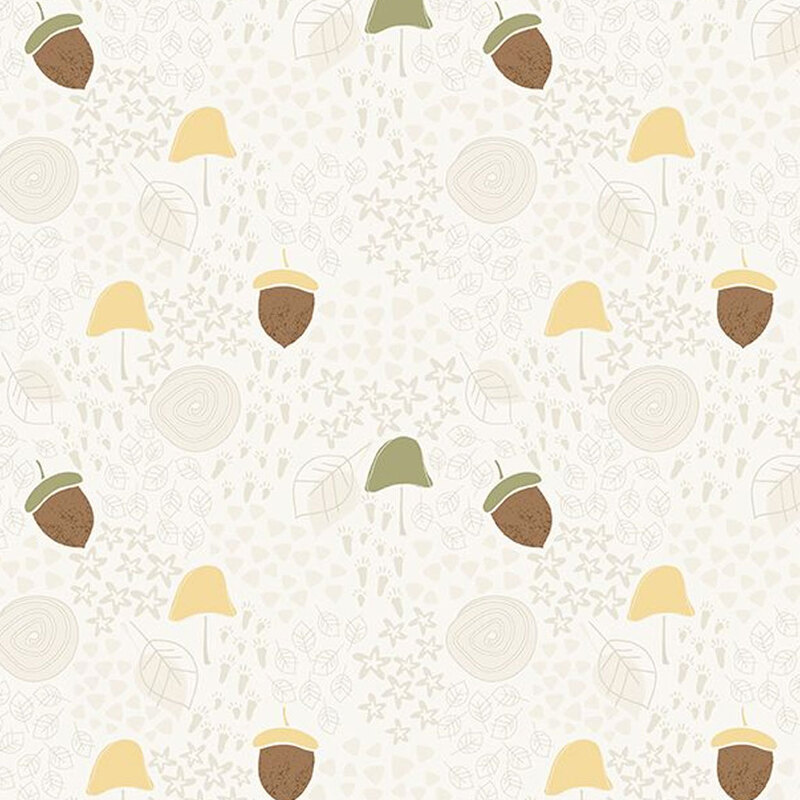 Off white fabric with dark cream stars, animal foot prints, and swirls in the background with colorful acorns and leaves throughout