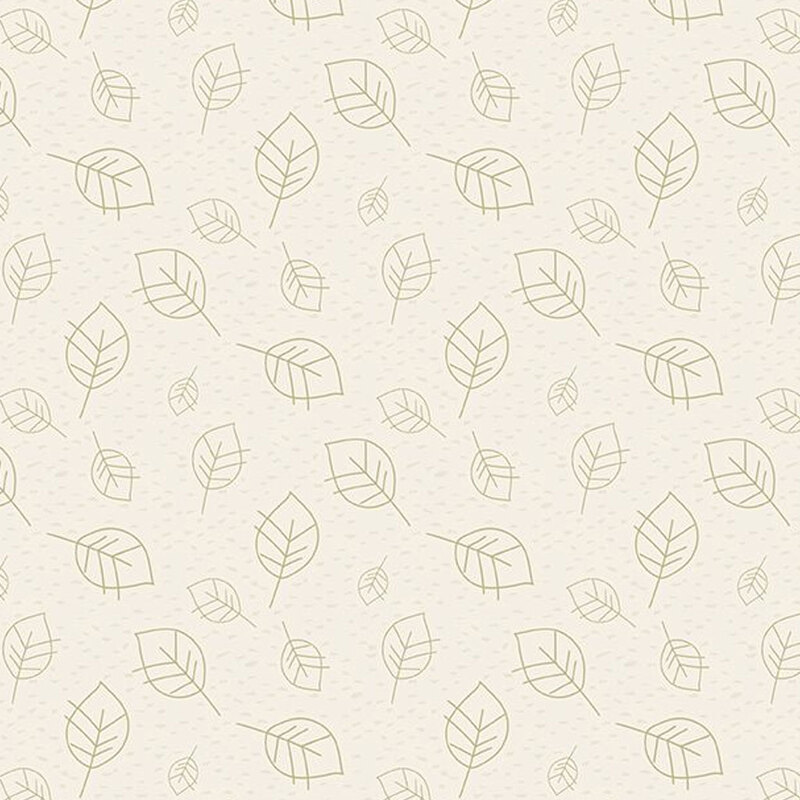 Off white fabric with green outlines of ditsy leaves and little dark cream spots all over the background