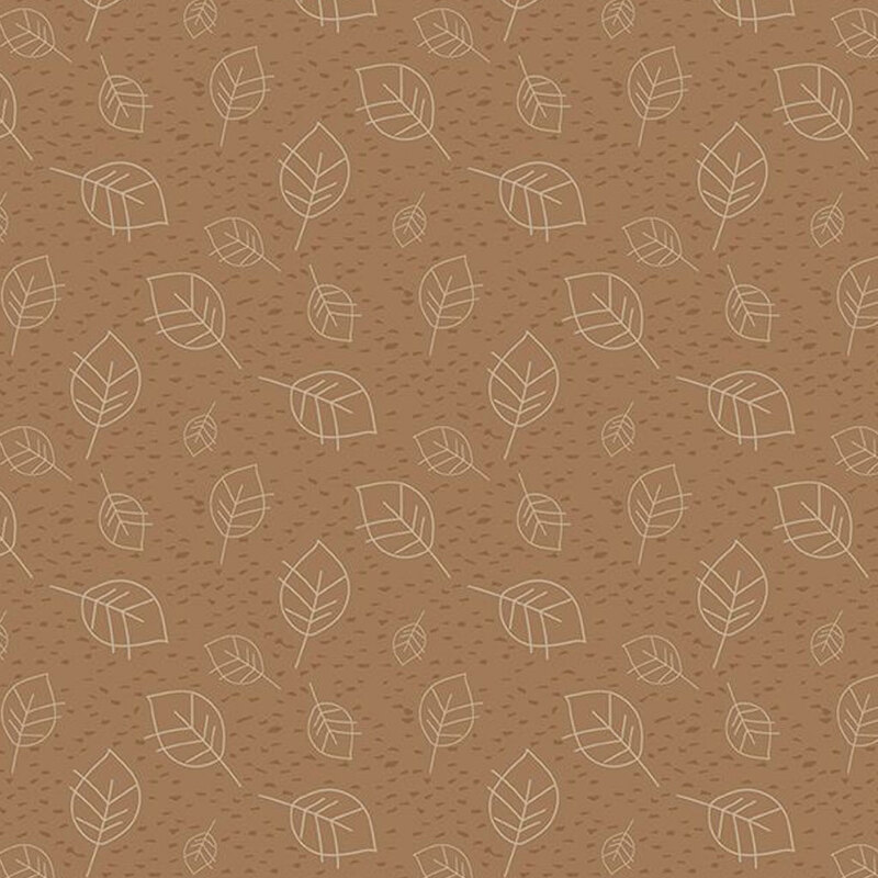 Tonal brown fabric with tan outlines of ditsy leaves and small dark brown spots in the background