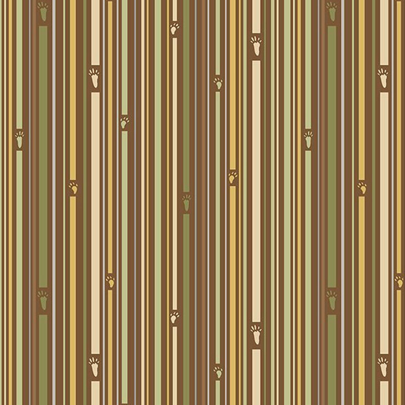 Brown fabric with tan, green, and yellow stripes with little animal footprints placed throughout