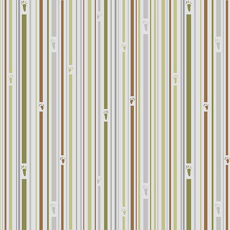 Gray fabric with brown, tan, and green stripes with little animal foot prints placed throughout