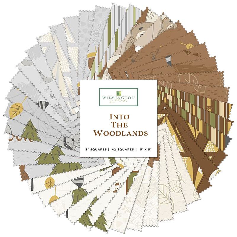 A circular collage of white, gray, and brown fabrics in the Into The Woodlands collection